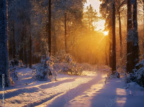 Snowy forest in winter at golden sunset. Colorful landscape with pine trees in snow, orange sky in evening. Snowfall in woods. Wintry woodland. Snow covered mountain forest at dusk.