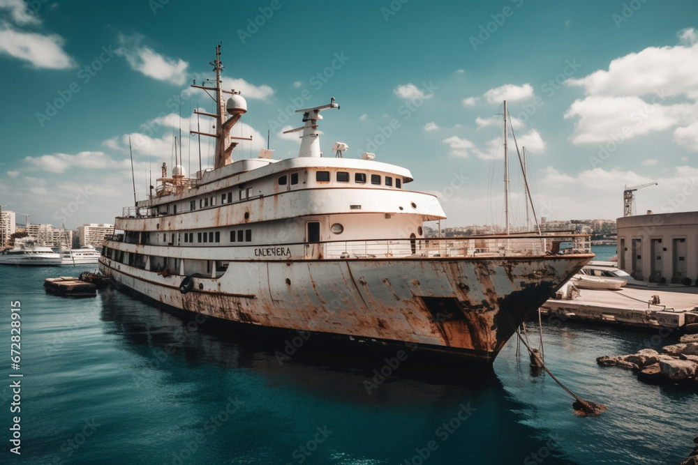 Rusty damaged old yacht anchored in the port. Ai generated