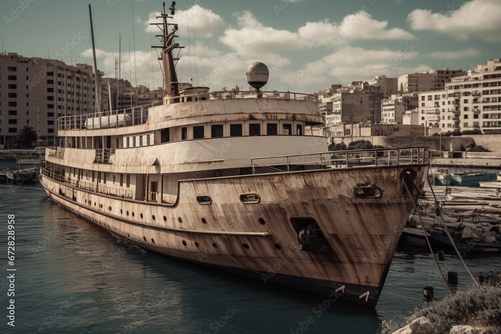 Fototapeta premium Rusty damaged old yacht anchored in the port. Ai generated