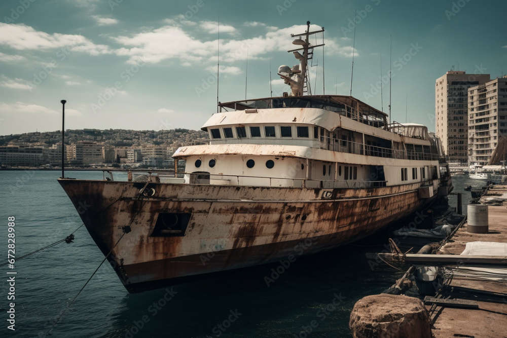 Rusty damaged old yacht anchored in the port. Ai generated