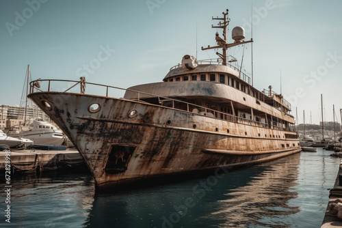 Rusty damaged old yacht anchored in the port. Ai generated