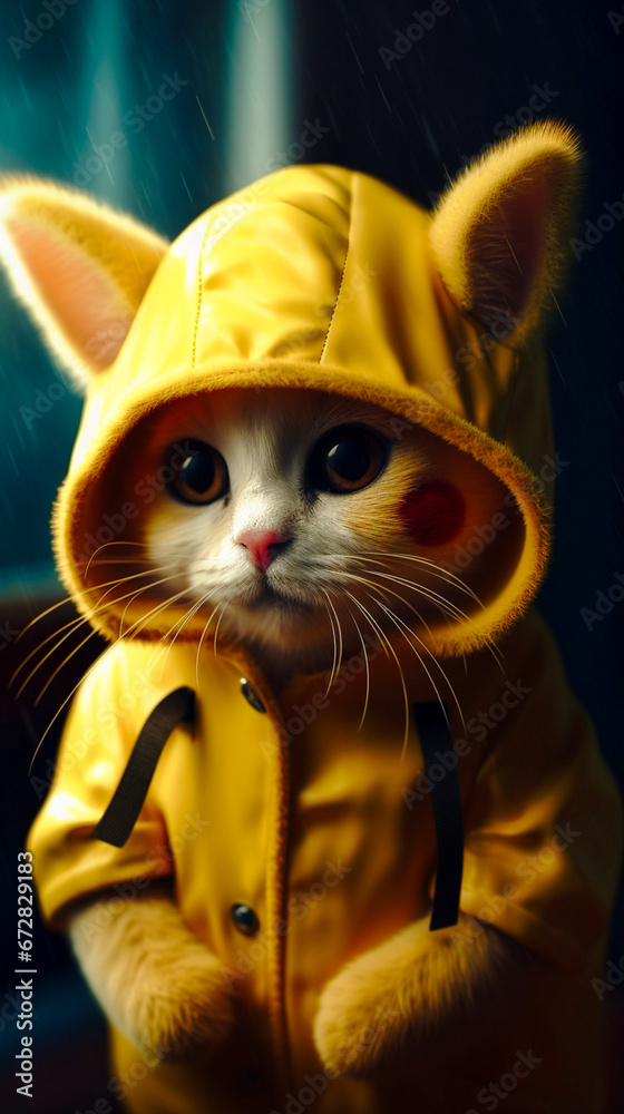 cute cat in a yellow cloak with a hood