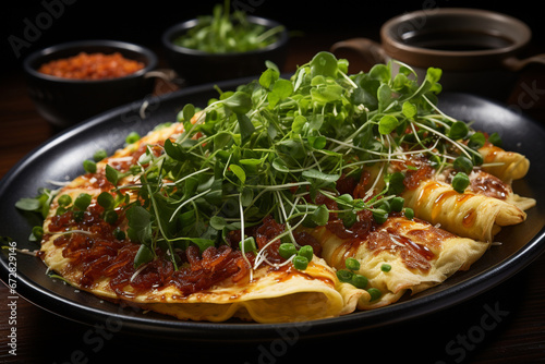 Mouthwatering visuals of freshly prepared omelet, a culinary delight for food enthusiasts. Ai generated