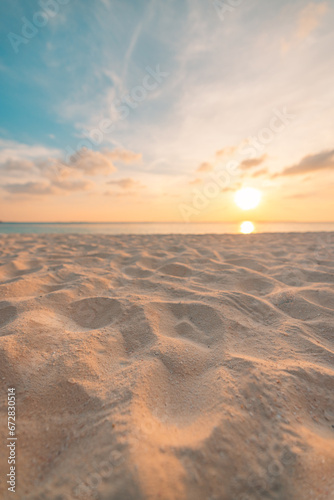 Closeup sea sand beach. Amazing coastal landscape. Inspire tropical island sky seascape horizon. Orange golden purple sunset sunrise skyline tranquil sunlight. Meditation inspire coast background