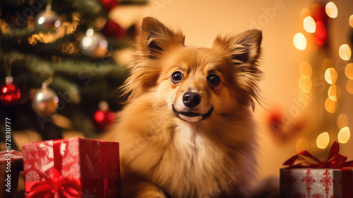 A fluffy Pomeranian dog is surrounded by Christmas presents under a tree adorned with lights and red and gold ornaments.