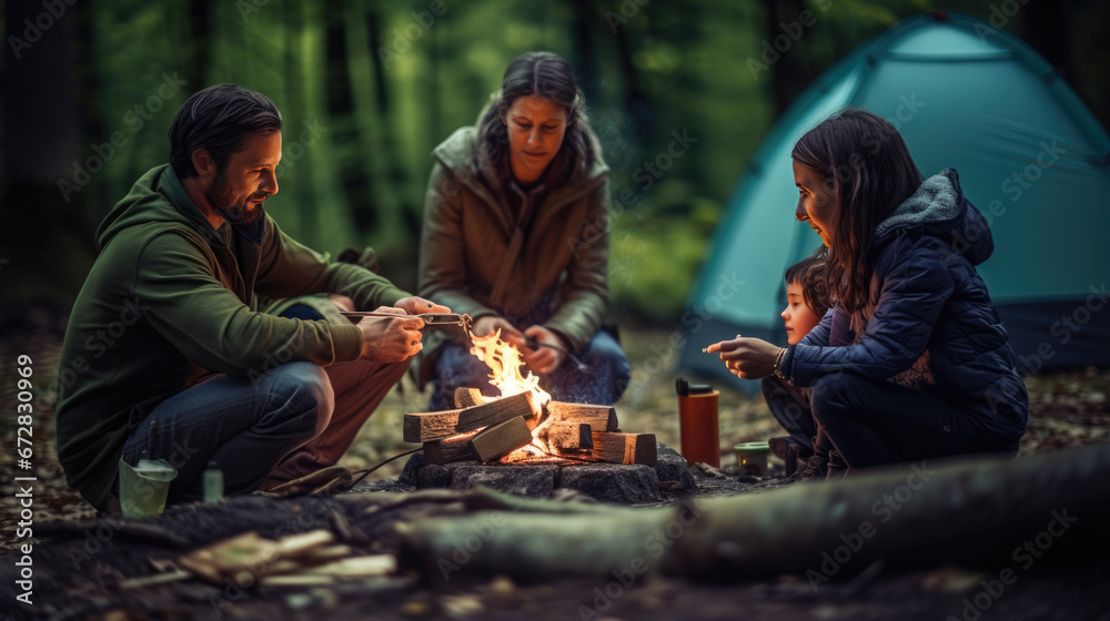 A family gathers around a campfire during a camping trip in the forest, enjoying a warm and bonding moment together.