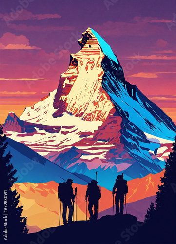 Matterhorn with climbers, sunset, flat design poster, not too complex, modern, 4k, epic composition, flat vector art illustration, very realistic, vibrant colours, long shot