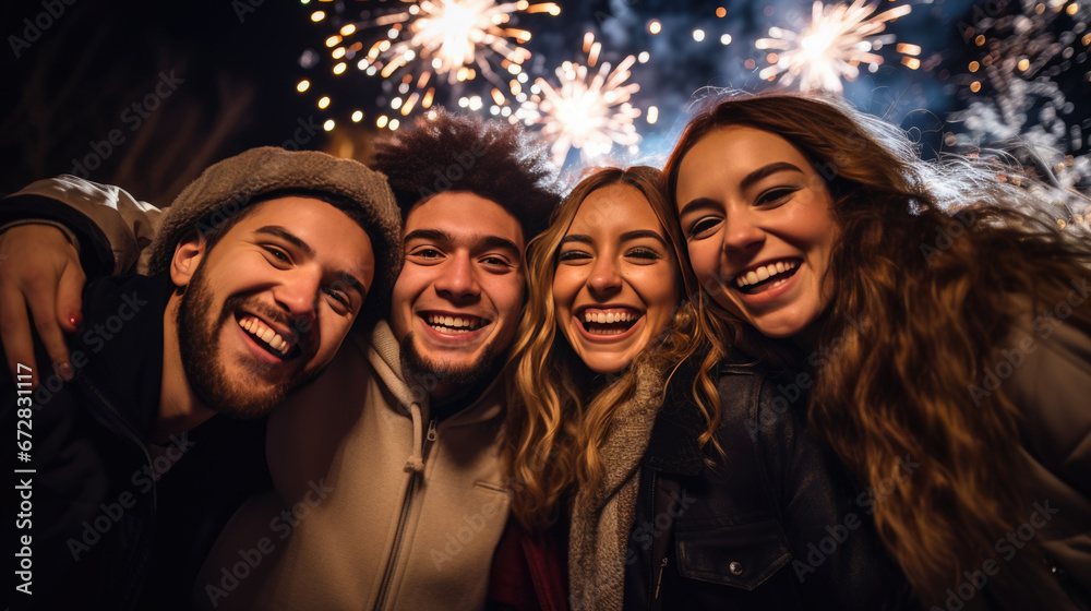 A joyful group of friends gather closely for a selfie, laughing and smiling against a backdrop of dazzling fireworks in an urban setting at night.