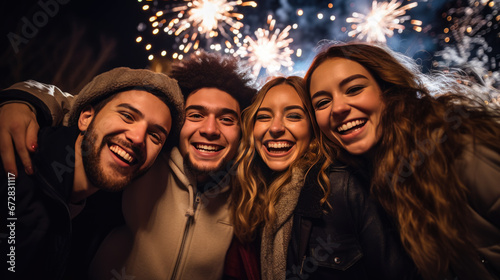 A joyful group of friends gather closely for a selfie, laughing and smiling against a backdrop of dazzling fireworks in an urban setting at night. © MP Studio