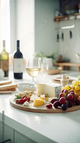 Cheese plate and wine. White kitchen