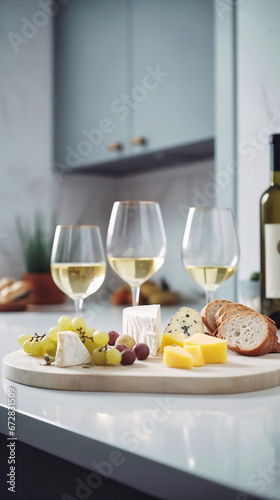 Cheese plate and wine. White kitchen