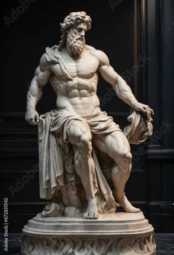 statue of david A Statue from a muscular Greek god Statue with a wavey middel Parting Hair out of white Marbel with a black backround Standing on a podest animeted style 8k