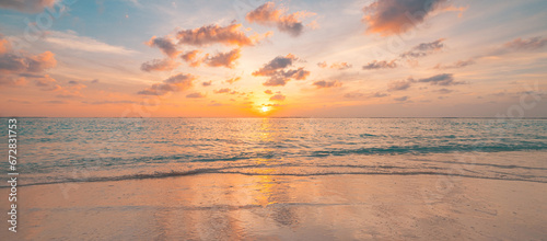 Closeup sea sand beach. Beautiful panoramic landscape. Inspire tropical seascape horizon. Peace sunset sky calm tranquil relax panorama summer mood. Positive energy, meditation summer tropical island photo