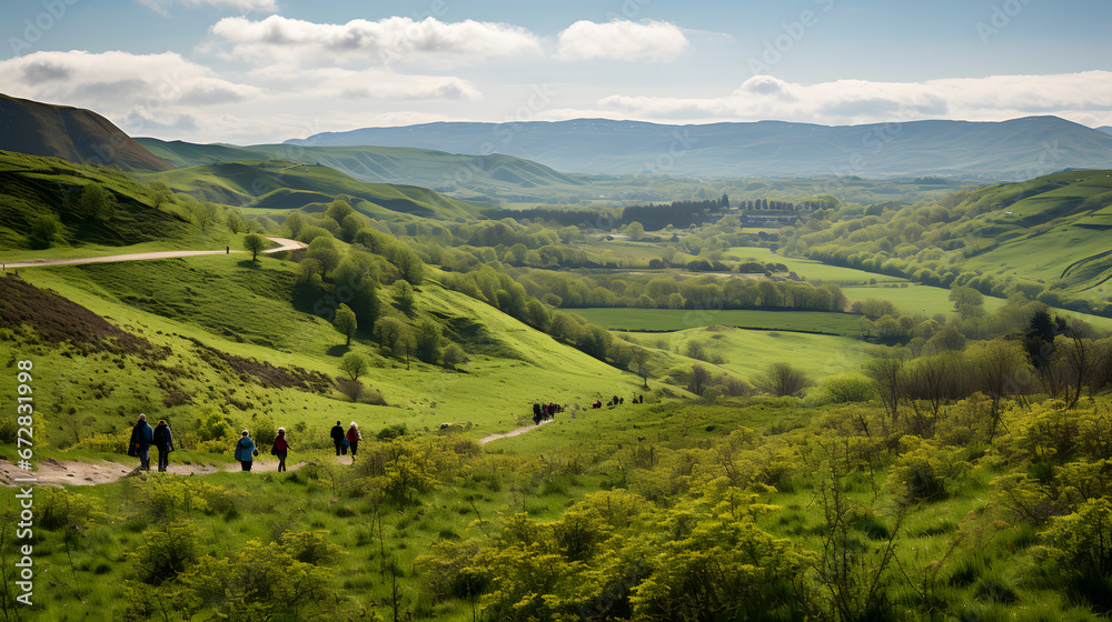 A lush green meadow, with rolling hills in the background, during the Saint Patrick's Day parade