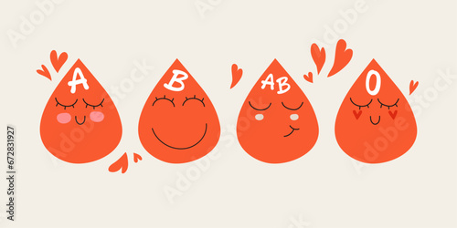 Cute happy blood drop characters. Vector modern trendy flat style cartoon illustration icon design. Blood type, group character concept