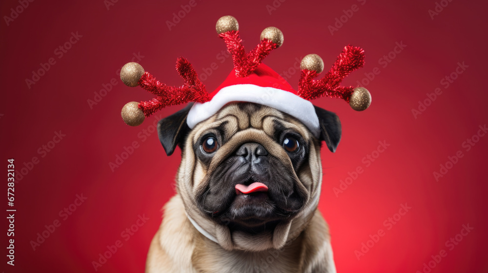 Joyful dog wearing a Santa hat and faux reindeer antlers against a bright red background, embodying a festive and playful spirit.
