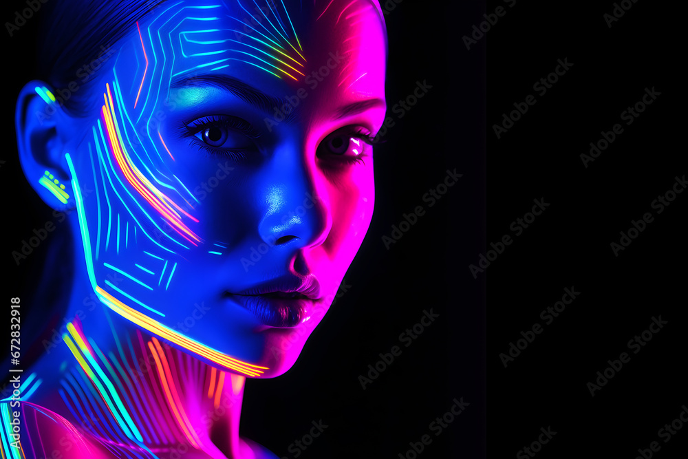 Fashion Surreal Concept. Closeup portrait of stunning girl portrait with abstract, graphic highlighters rainbow ultra-bright neon lines . dynamic dramatic composition, advertisement, copy space
Fashion Surreal Concept. Closeup portrait of stunning girl portrait with abstract, graphic highlighters rainbow ultra-bright neon lines . dynamic dramatic composition, advertisement, copy space