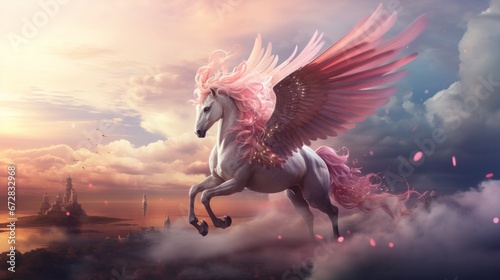 Flying Pegasus Soaring Gracefully Through the Heavenly Skies. A Majestic Winged White Horse Soaring Through the Celestial Sky. A Majestic White Horse With Pink Wings Soaring Through the Sky © AI Visual Vault