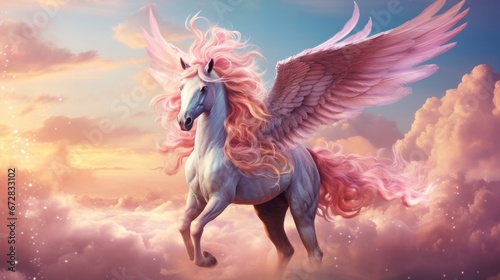 Flying Pegasus Soaring Gracefully Through the Heavenly Skies. A Majestic Winged White Horse Soaring Through the Celestial Sky. A Majestic White Horse With Pink Wings Soaring Through the Sky