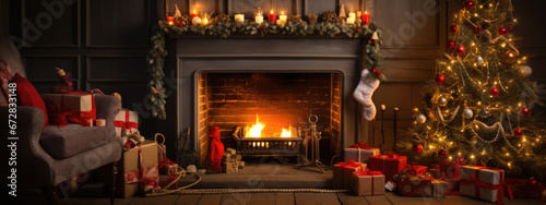 A beautifully decorated living room is illuminated by the warm glow of a fireplace, adorned with festive Christmas decorations,