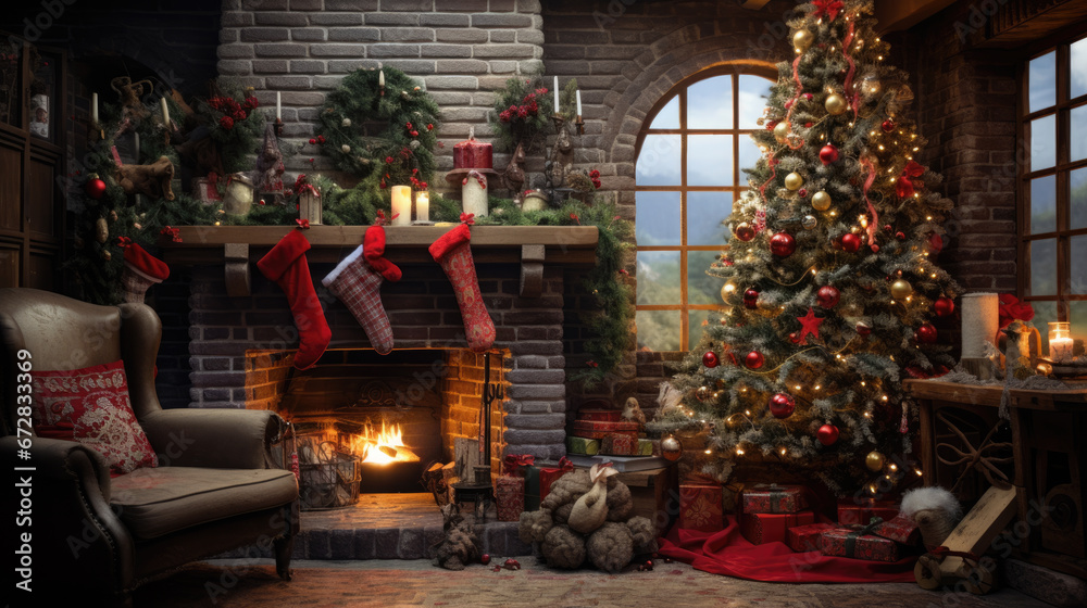 A beautifully decorated living room is illuminated by the warm glow of a fireplace, adorned with festive Christmas decorations,