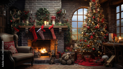 A beautifully decorated living room is illuminated by the warm glow of a fireplace  adorned with festive Christmas decorations 