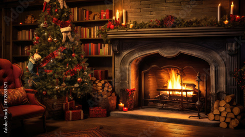 A beautifully decorated living room is illuminated by the warm glow of a fireplace  adorned with festive Christmas decorations 