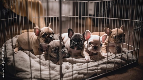 Group of multiple french bulldog puppies in a dog crate photo