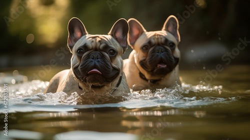 French bulldogs are swimming in a lake photo