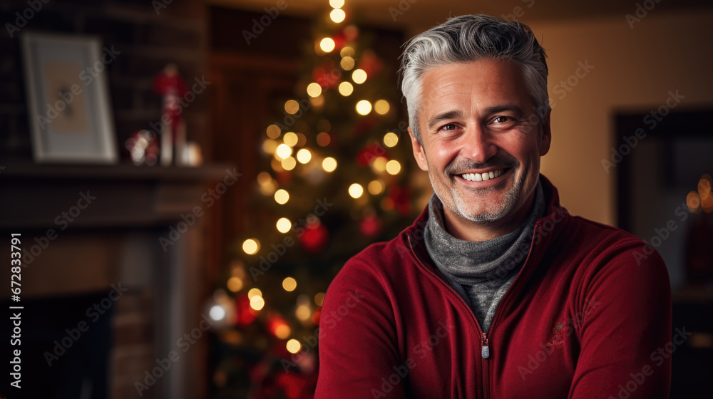 A joyous man smiles warmly, seated next to a glowing fireplace and a beautifully decorated Christmas tree. A joyous man smiles warmly, seated next to a glowing fireplace and a beautifully decorated Christmas tree.