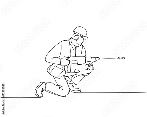 Builder works with a drill in a work uniform, protective overalls, hard hat one line art. Continuous line drawing of repair, professional, hand, people, concept, support, maintenance.