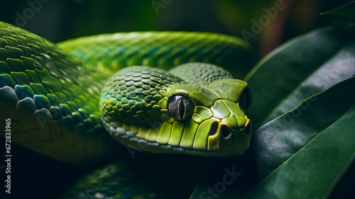 Close-up of a green snake on a green leaf