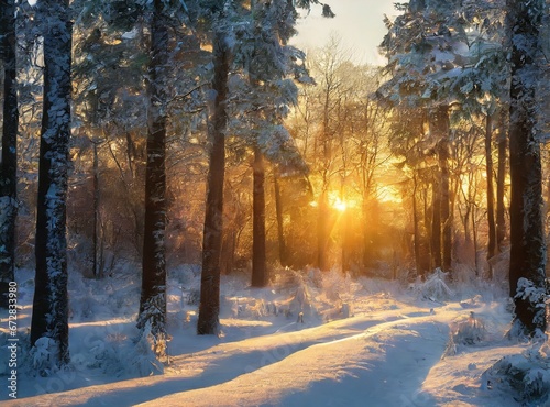 Snowy forest in winter at golden sunset. Colorful landscape with pine trees in snow, orange sky in evening. Snowfall in woods. Wintry woodland. Snow covered mountain forest at dusk. © D'Arcangelo Stock