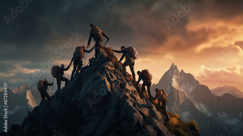 People with backpacks climb to the top of the mountain