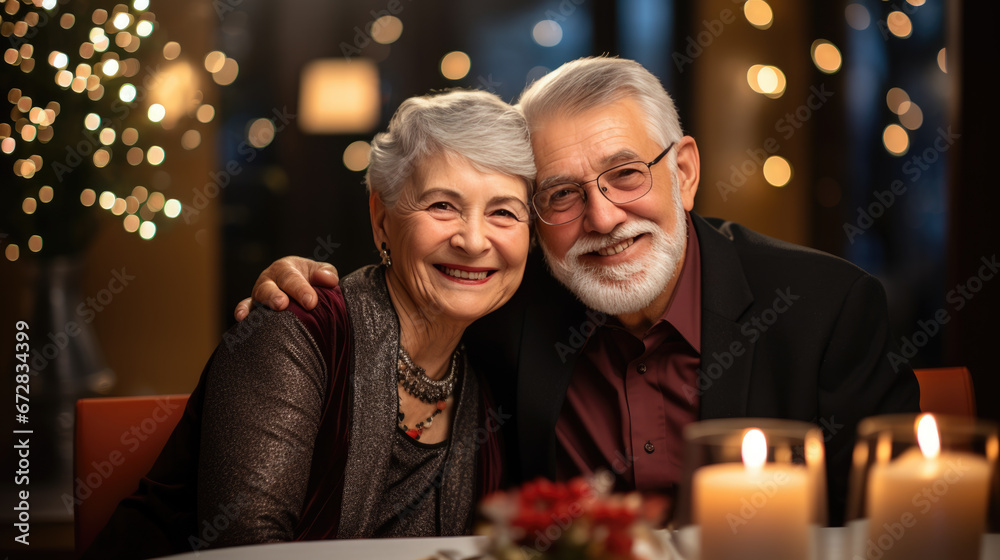 Elderly couple sharing a joyful moment together during a romantic candlelit dinner, surrounded by a festive ambiance with twinkling lights in the background.