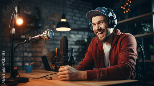 smiling young man with headphones talking on microphone at home