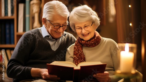 Elderly couple sitting closely  smiling and sharing a joyful moment while reading a book together