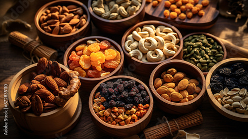 nuts and dried fruits in bamboo cups on a table view from top, food, healthy, white, spice, brown, isolated, tobacco, closeup, dried, bowl, nut, macro, pepper, health, seeds, chocolate, ingredient
