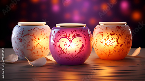Candles, glass jars, lit, colors, ambiance, glow, decor, illumination, mood, warmth, festive, light, Vintage copper mugs, In a softly lit, cozy room, a mesmerizing natural votive candle flickers gen

