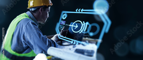Engineer using computer laptop technology, architect builder construction worker building city structure, dark blue banner background, ui graphics display interface blueprint.