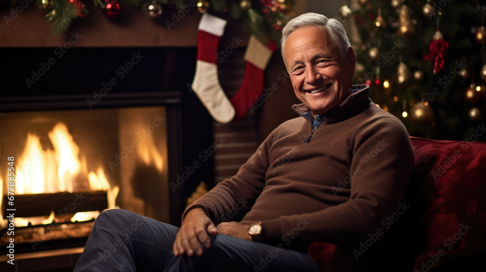 A joyful gentleman in a red sweater with a collar sits by a glowing fireplace, surrounded by a beautifully decorated Christmas tree, stockings, and festive ornaments.