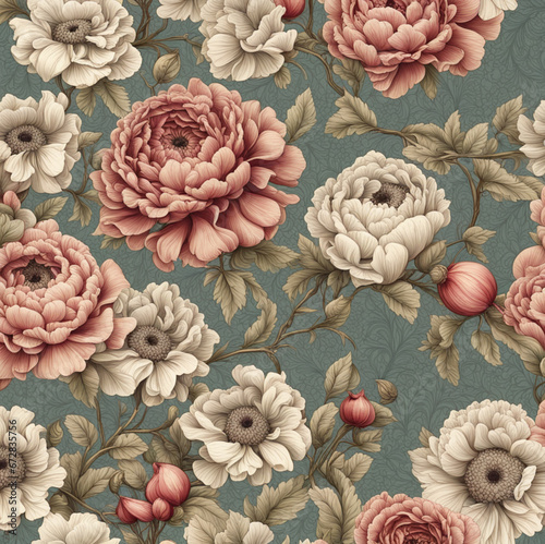 Wallpaper Mural Die vektorbasierte Abbildung zeigt eine nahtlose Verwebung von blühenden Blumen und Blättern in verschiedenen Farben und Texturen auf einem Hintergrund aus vintage-ähnlichen Fasern. MUSTER Torontodigital.ca