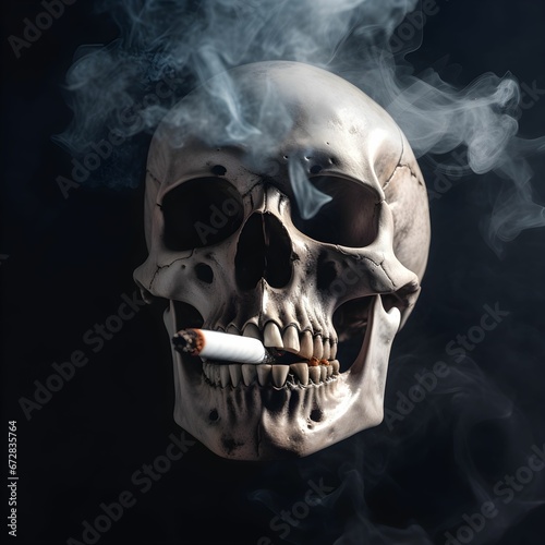 AI-generated illustration of a human skull with cigarette smoke symbolizing death, and health. photo