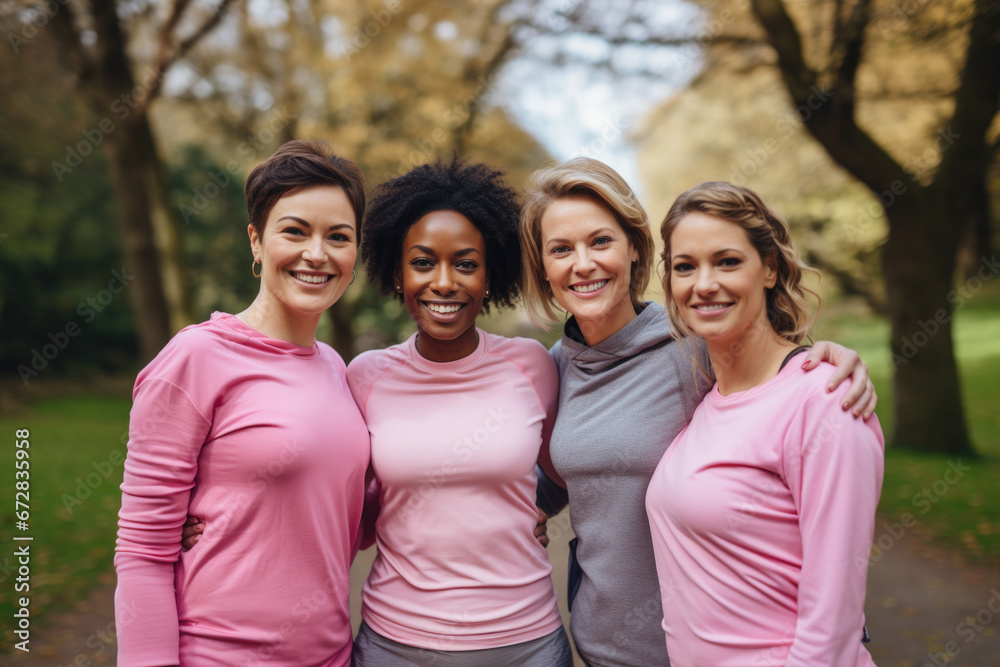 Group of women of different ethnicity dressed in pink to raise awareness of breast cancer Group of women of different ethnicity dressed in pink to raise awareness of breast cancer