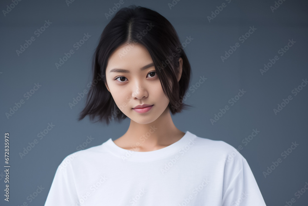 An Asian girl with captivating big eyes, a short bobtail hairstyle, and a subtle smile exudes cuteness and innocence against a semi desaturated gray backdrop. Generative AI. An Asian girl with captivating big eyes, a short bobtail hairstyle, and a subtle smile exudes cuteness and innocence against a semi desaturated gray backdrop. Generative AI.