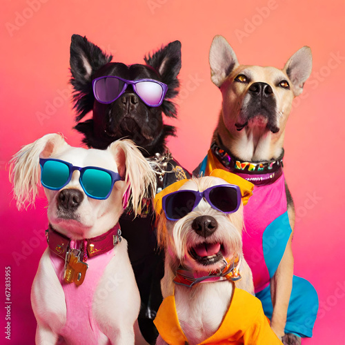 four cheerful rocker dogs on a bright background created with generative ai technology © Alice