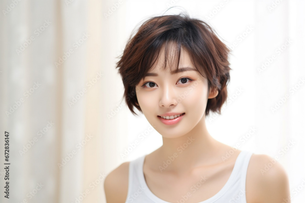 An Asian girl with captivating big eyes, a short bobtail hairstyle, and a subtle smile exudes cuteness and innocence against a semi desaturated gray backdrop. Generative AI. An Asian girl with captivating big eyes, a short bobtail hairstyle, and a subtle smile exudes cuteness and innocence against a semi desaturated gray backdrop. Generative AI.