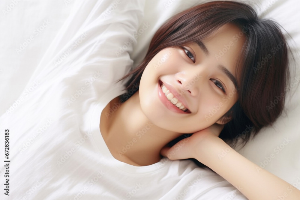An Asian girl with captivating big eyes, a short bobtail hairstyle, and a subtle smile exudes cuteness and innocence against a semi desaturated gray backdrop. Generative AI. An Asian girl with captivating big eyes, a short bobtail hairstyle, and a subtle smile exudes cuteness and innocence against a semi desaturated gray backdrop. Generative AI.