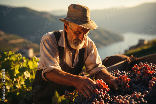 A sun-hatted man, dressed in fashionable outdoor clothing, carefully plucks juicy grapes from a truck in the scenic mountain vineyard