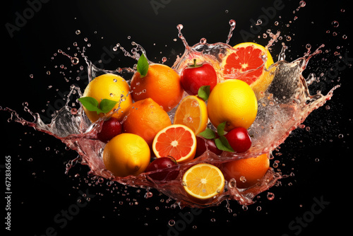 Generative AI illustration of fresh healthy fruits making splash in water